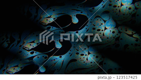 Rainbow fluid. Soap bubble. Gradient lens neon pigment ink blend on art petrol background. Abstract repeat prism blur light color mix. 123517425