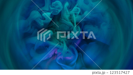 Smoke blend. Dye splash. Blue turquoise violet swirl mist round portal defocused color ink edge lens spiritual texture abstract background. 123517427