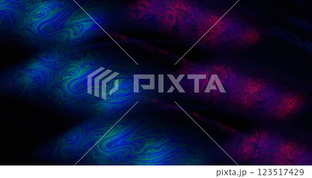 Gasoline fluid. Kaleidoscope lens. Colorful duplicated light spot on oil neon ink liquid abstract blur background petrol drop surface. 123517429