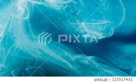 Art cloud. Pigment fog. Blue paint spill swirl abstract background. Fume color dye blob water layer effect emulsion defocused steam. 123517431