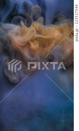 Mist effect. Fantastic paint water. Defocused purple yellow color smoke cloud liquid splash ink texture on abstract art background. 123517544