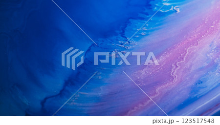Paint mix. Art emulsion. Blur pink blue purple shimmering stream liquid powder texture gel pigment particles leak abstract background. 123517548