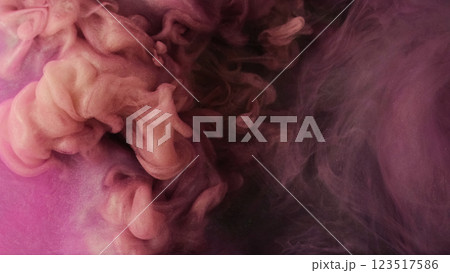Liquid galaxy. Pink smoke. Color stardust paint flow in whimsical water curls on abstract background. Fantastic purple cloud with defocused fume. 123517586