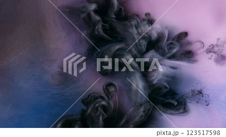 Flow smoke. Fog stream. Defocused pink black blue fume cloud glow splash paint ink water smooth fluid cloud on abstract art background. Flow smoke. Fog stream. Defocused pink black blue fume cloud glow splash paint ink water smooth fluid cloud on abstract art background. 123517598