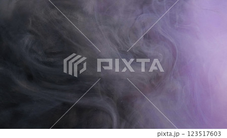 Smoke explosion. Gray fume. Silver grunge fog dispersed over mystical purple surface. Blur abstract background with dark graphite marbling water storm. 123517603