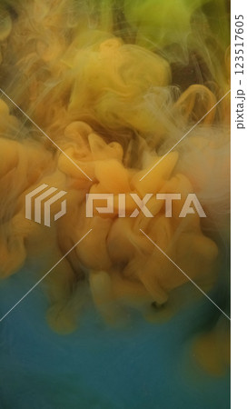Smoke fluid. Multicolored fog. Orange yellow green soft fume water swirl. Psychedelic cloud abstract background with watercolor veil blurred ink haze. 123517605