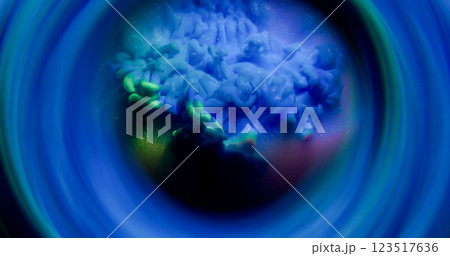 Shimmering dust. Smoke paint. Blue violet round arch green gleam haze splash swirl mixing water. Sparkling liquid flow abstract background. 123517636