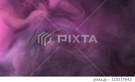 Purple smoke. Art flow. Violet atmospheric paint fluid fume spirals whimsically in water. Wavy pink veil watercolor stream in defocused water abstract background. 123517642