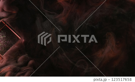 Smoke veil. Dark haze. Mystical ink swirls curls on night abstract background glass cube. Atmospheric flow of translucent colored gaseous water streams blur effect. 123517658