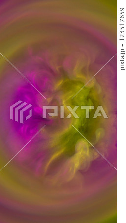Paint burst. Smoke spectrum. Gold yellow purple luxurious particles liquid surface swirling in round blur lens. Abstract color polish fluid mix background. 123517659