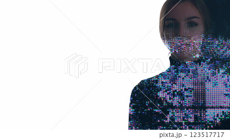 Artificial silhouette. Intelligence technology. Double exposure colorful iridescent liquid crystal glitch woman isolated on white empty space background. 123517717