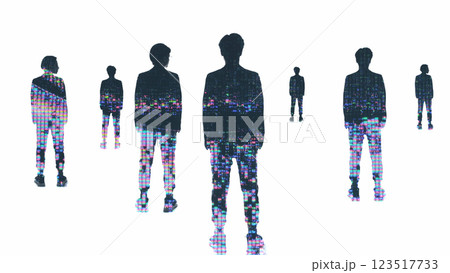 Business silhouette. Ai industry. Colorful liquid crystal glitch pixel double exposure outline of multiple man company isolated on white. Business silhouette. Ai industry. Colorful liquid crystal glitch pixel double exposure outline of multiple man company isolated on white. 123517733