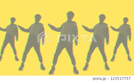 Dancing silhouette. Freestyle culture. Blur faded mirrored double exposure outline of man performing funky movements isolated on yellow background. 123517757