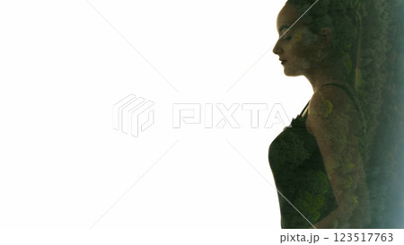 Organic beauty. Nature portrait. Aerial view of green forest foliage double exposure profile outline of peaceful woman face isolated on white empty space background. 123517763
