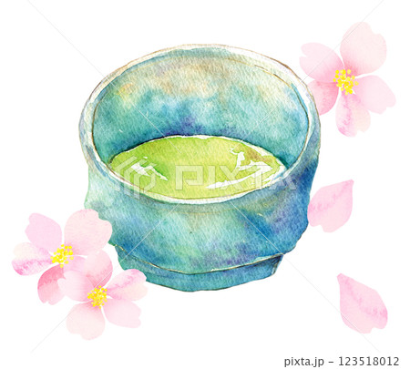 水彩イラスト　お抹茶茶碗と桜の花 123518012