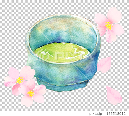 水彩イラスト　お抹茶茶碗と桜の花 123518012