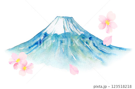 水彩イラスト　桜の季節の季節の富士山 123518218