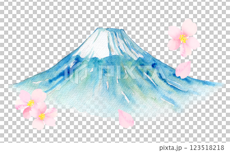 水彩イラスト　桜の季節の季節の富士山 123518218