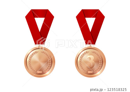 Vector Bronze Award Medal Icon Set with Color Ribbons Close-up Isolated. Bronze Third Place Medal and Blank Medal. Sport Tournament Victory Concept. Design Template for Competition, Award 123518325