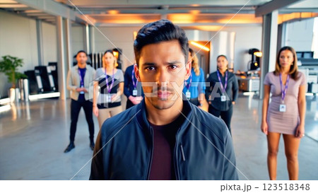 Office team standing in tense silence, rigid posture reflecting discomfort, serious expressions revealing workplace tension. Team conflict lingers in office atmosphere, unspoken conflict evident. 123518348