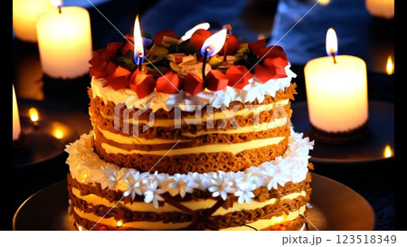 Celebration with cake adorned by vibrant flowers and glowing candles. Candlelight enhances cake details, bringing celebration to life with cozy ambiance and festive elegance. Festive dessert concept. Celebration with cake adorned by vibrant flowers and glowing candles. Candlelight enhances cake details, bringing celebration to life with cozy ambiance and festive elegance. Festive dessert concept. 123518349