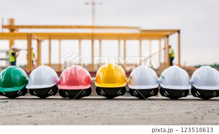 A colorful lineup of safety helmets in different hues sits on a construction site, symbolizing teamwork and safety in the building industry. Ideal for construction themes 123518613