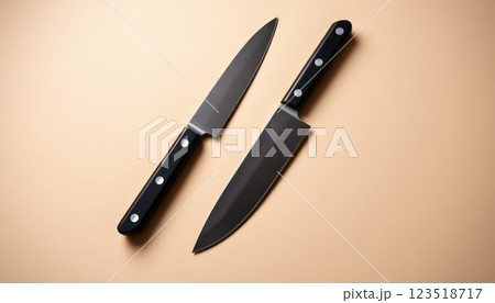 Two professional kitchen knives with sleek black handles lie against a golden backdrop, showcasing their sharpness and design, suitable for culinary brands or kitchen equipment marketing. Two professional kitchen knives with sleek black handles lie against a golden backdrop, showcasing their sharpness and design, suitable for culinary brands or kitchen equipment marketing. 123518717