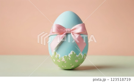 A beautifully decorated blue Easter egg tied with a pink ribbon, symbolizing celebration and joy, perfect for gift inspiration, crafting ideas, and holiday decor. 123518719