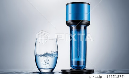 A modern blue water filter and a glass filled with fresh water highlight the importance of hydration, ideal for health brands and eco-friendly product promotions. 123518774