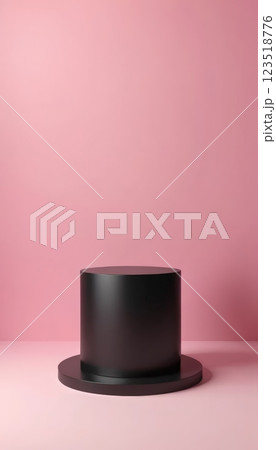 A clean display featuring a black cylindrical platform on a textured pink background, ideal for product displays, branding, or creative showcases in various contexts. 123518776