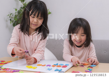 英語の勉強に取り組む姉妹 英語の勉強に取り組む姉妹 123518813