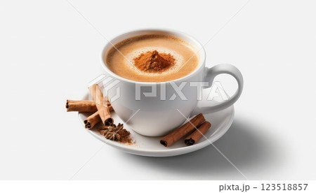 A cup of cappuccino with cinnamon stands on a saucer. The cup is decorated with cinnamon sticks and star anise. Use for cafe menus or blog articles. 123518857