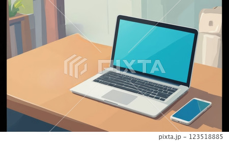 A laptop and smartphone sit on a wooden desk, featuring blank screens, ideal for a workspace or tech-related concept. 123518885
