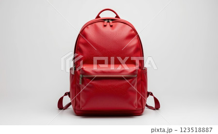 Sleek red backpack stands out against a neutral background, representing a fashionable choice for students and professionals alike. 123518887