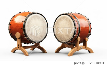 Two traditional Japanese drums sit side by side on wooden stands, showcasing craftsmanship, culture, and the importance of music in celebrations and cultural events. 123518901