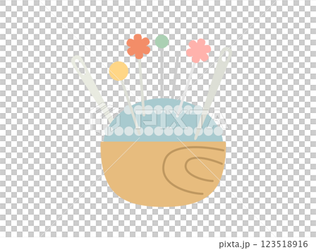 Illustration of a pincushion with needles and pins stuck in it Illustration of a pincushion with needles and pins stuck in it 123518916