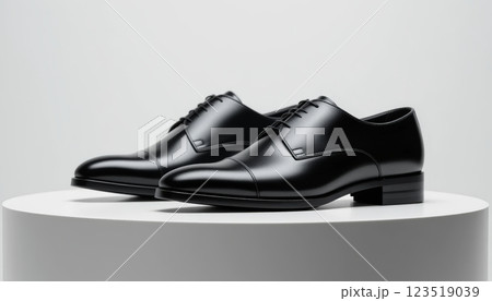A stylish pair of black leather dress shoes displayed on a pedestal, ideal for formal fashion promotions, business marketing, or character styling in media. 123519039