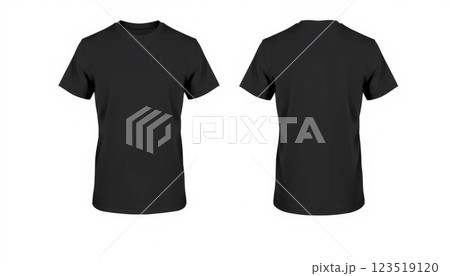 A plain black t-shirt displayed from the front and back on a neutral background, suitable for fashion promotions and clothing line presentations. 123519120