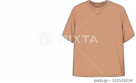 A stylish, short-sleeved beige t-shirt hangs against a clean, white background, showcasing its casual design and versatility for everyday wear or fashion photography. 123519224