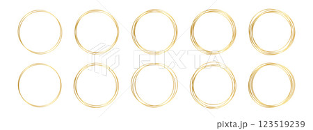 Set of golden circle frames isolated on white background. Collection of shiny luxury round borders. Decorative frameworks, design elements for banners, greeting or wedding cards. Vector illustration 123519239