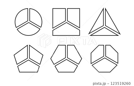 Geometric shapes divided into 3 sectors. Round, square and triangle, pentagon, hexagon and octagon forms separated into three equal parts. Diagrams or business charts. Vector outline illustration 123519260