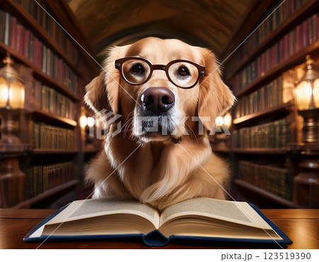知的なゴールデンレトリバーが本を読むクラシック図書館の風景 123519390