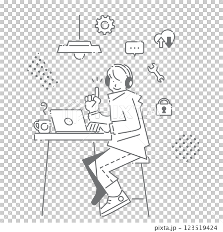 自由に働く若い世代　シンプルでお洒落な線画イラスト 123519424