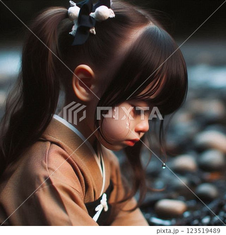 涙を流す日本人の少女 123519489