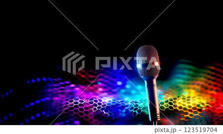 Vibrant Microphone with Colorful Sound Waves Background Vibrant Microphone with Colorful Sound Waves Background 123519704