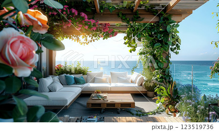A serene outdoor lounge with floral decor and a stunning ocean view, perfect for relaxation and tranquility. 123519736