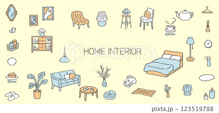 手書きのかわいいホームインテリアイラストのセット。ベクターデータで色替え変更可能。 123519788