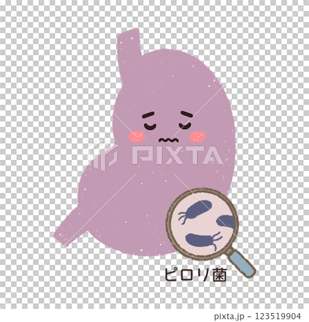 拡大鏡でみるピロリ菌と胃のキャラクター 拡大鏡でみるピロリ菌と胃のキャラクター 123519904