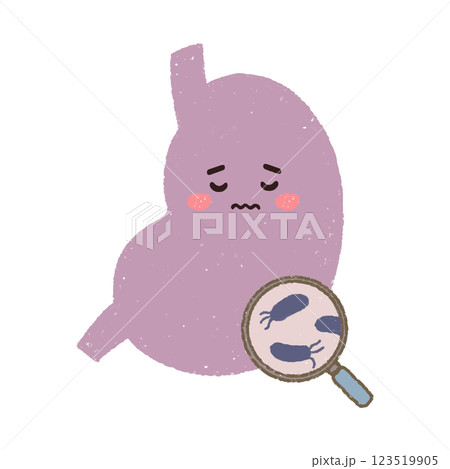 拡大鏡でみるピロリ菌と胃のキャラクター 拡大鏡でみるピロリ菌と胃のキャラクター 123519905