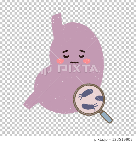 拡大鏡でみるピロリ菌と胃のキャラクター 拡大鏡でみるピロリ菌と胃のキャラクター 123519905